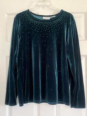 Jaclyn Smith Womens Sweater Shirt Pants XL Green Velvet Sequins Soft Long Sleeve