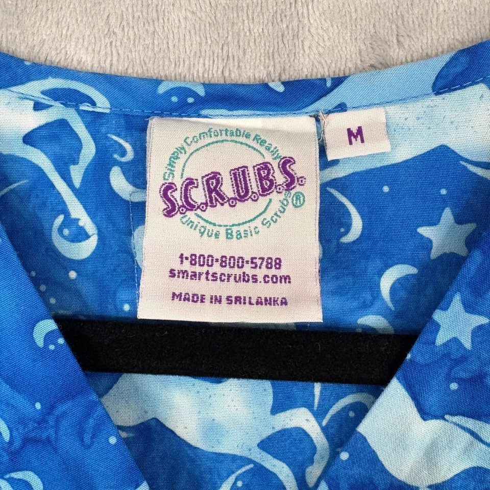 SCRUBS Scrub Christmas Top Blue Reindeer Print Holiday Festive V-Neck Medium - Image 3 of 4