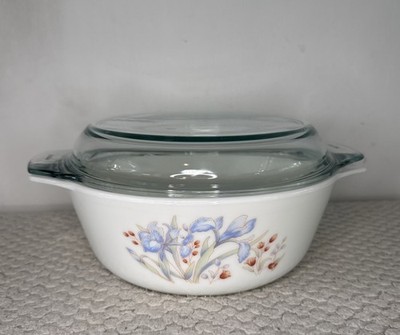 Pyrex Blue Iris 70er Jahre tiefe Auflaufform ca. 10'' mit Deckel