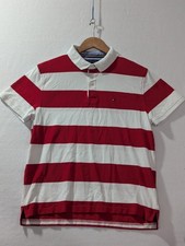 Tommy Hilfiger Polo Shirt Large Red White Stripe Short Sleeve