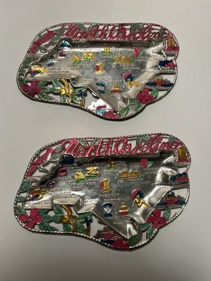 State North Carolina Metal Dish Ashtray Souvenir Lot of 2 Painted Made In Japan