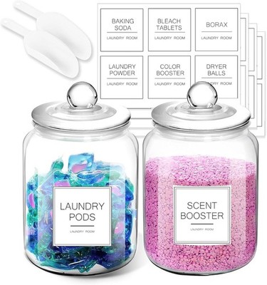 Laundry Pods Glass Jars - Half Gallon Airtight Containers with Scoop and Labels