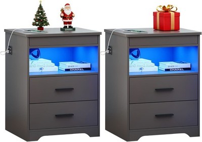 LED Nightstand Set of 2 with Gun Drawer, Bedside Table with USB & Type-C Port