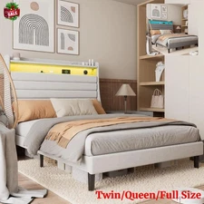 Twin Full Queen Bed Frame with Headboard LED Lights USB Charging Station Slats