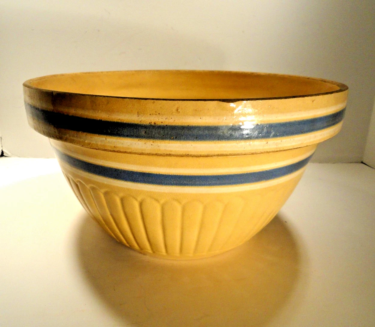 Vintage Yelloware 11" mixing Bowl with Blue and White Stripe