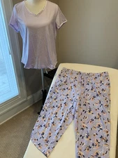 Carole Hochman pajamas set large l 100% cotton knit purple floral crop capri