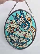 Vtg Stained Glass Oval Suncatcher- Butterflies w/leaves  Berries 4.5"X 3.25"