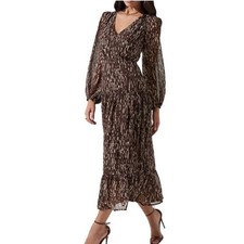 ASTR The Label Long Sleeve Ruffle Tiered Midi Dress Brown Sz M Boho