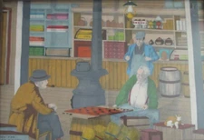Vintage General Store Old Men Playing Checkers Cat Painting/Illustration Large