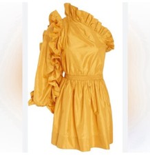 Ulla Johnson Falaise Tafetta gold ruffle one shoulder party cocktail dress 6