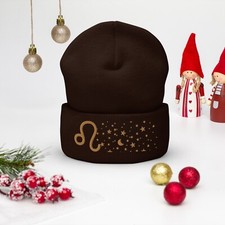 Leo Lion in the Stars Knit Beanie - Cozy Knit Hat  Brown