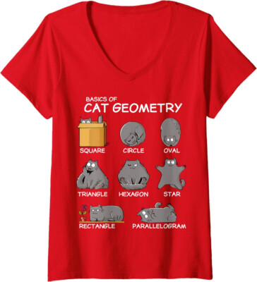 Basics of Cat Geometry Math Funny Cat Lover Gifts Ladies' V-Neck Tshirt