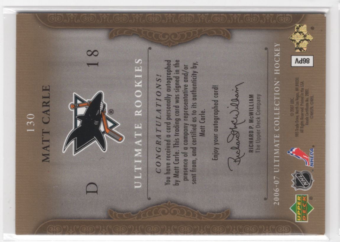 2006-07 Upper Deck Ultimate Collection MATT CARLE - Picture 2 of 2