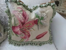 Aubusson style Petite Point Needlepoint Pillow Hummingbird w Hawaiian Flowers