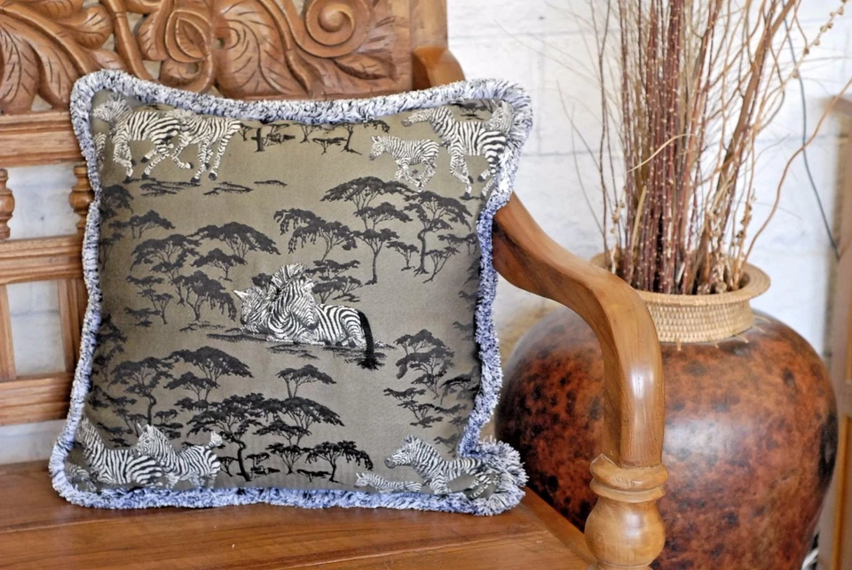 zebra African animal grey black white olive green fringe decorative throw pillow - Image 3 of 4