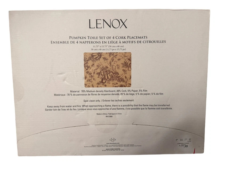 Lenox Set Of 4 Placemats Pumpkin Vine Toile  Cork New Fall Thanksgiving - Image 2 of 3