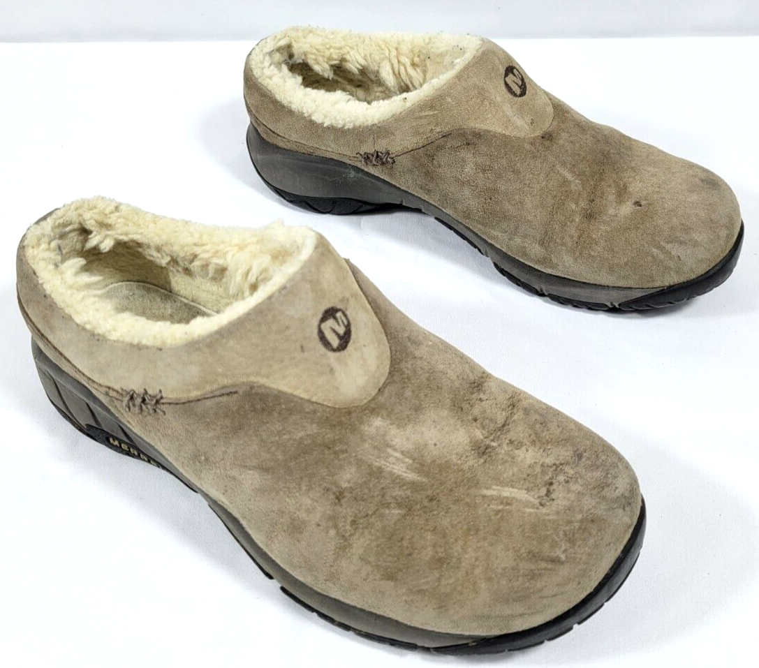 Scarpa zoccoli slip on MERRELL Encore Ice da donna taglia 7 scamosciati marroni foderati in shearling