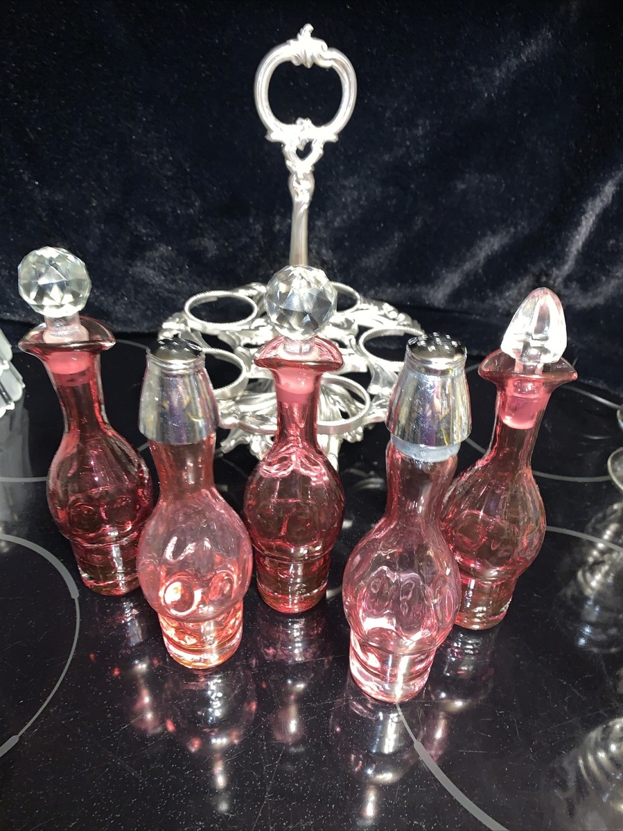 Antique Cruet 5 Condiment Set Thumbprint Cranbery Glass Bottles
