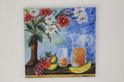 Stillleben Bild mit Blumen und Obst handgemalt Leinwand Sonderpreis - Bild 1 von 4