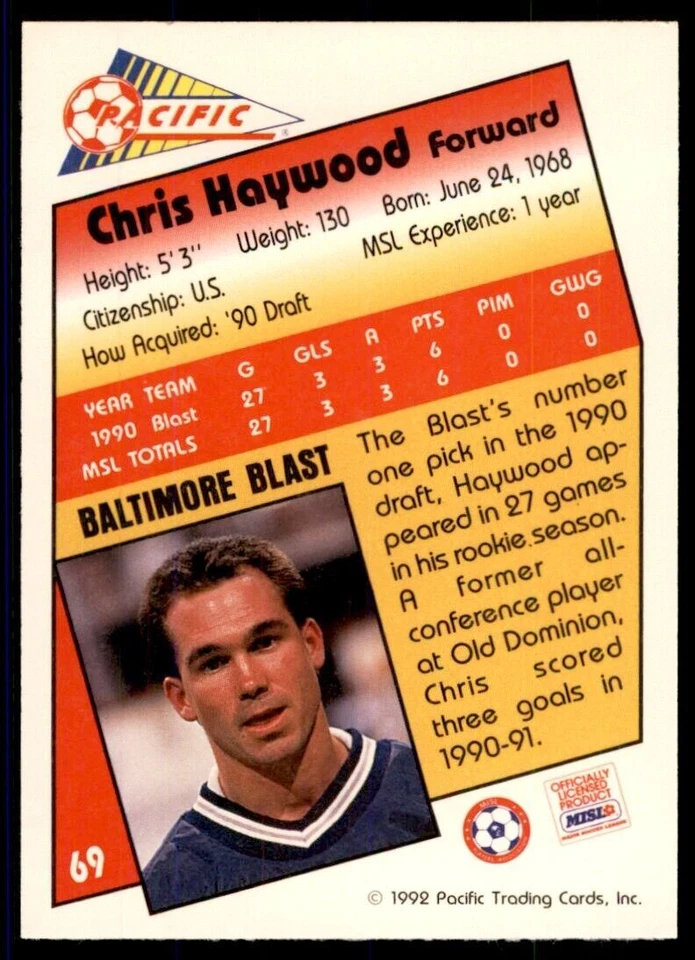 1992 Pacific MSL Chris Haywood F Baltimore Blast #69 - Image 2 of 2