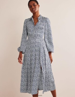 boden pleated dress NEW Boden women's 10P Pleated Skirt Midi Shirt Dress blue white long puff  sleeve