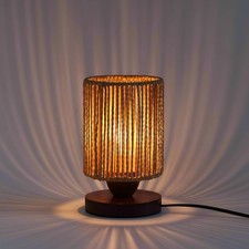 Small Rattan Table Lamp for Bedroom, Boho Bedside Lamp with Warm LED Bulb, Ha...