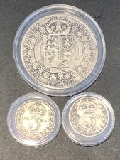 1889 Queen Victoria Silver Half Crown coin .925 Silver good Grade + 2 x 3 pence