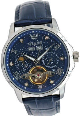 OLEVS Herren Automatik Uhr Herrenuhr Blau Farben Leder Edelstahl Kalender Datum