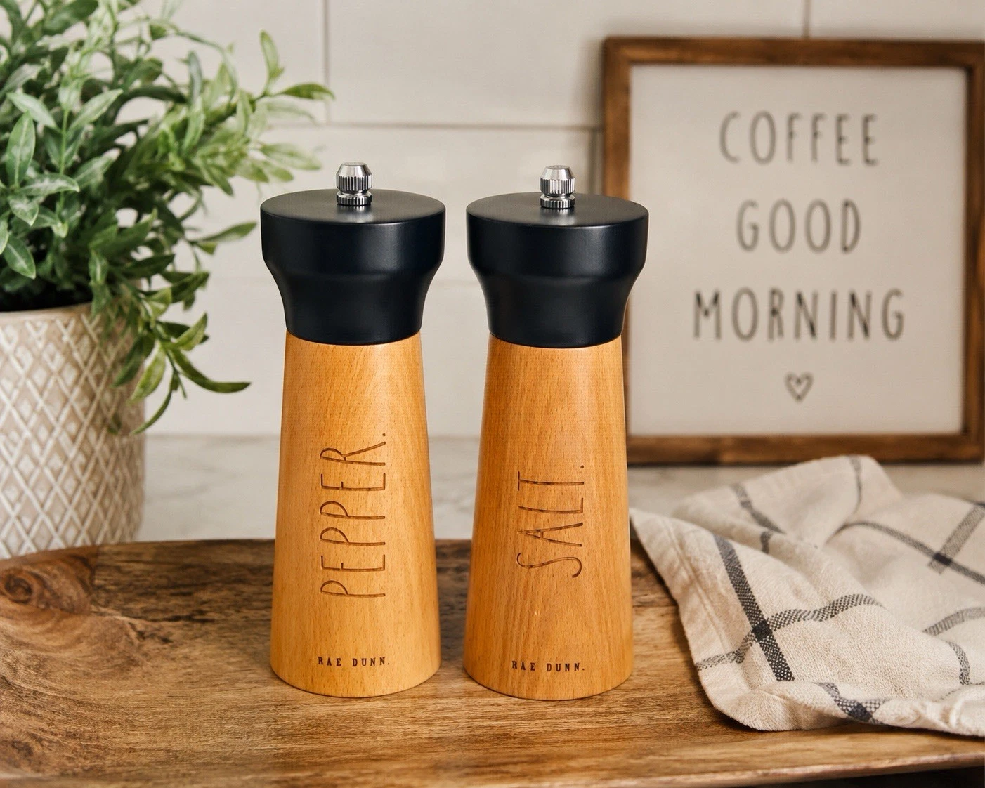Rae Dunn SALT & PEPPER Bamboo Grinder Set Adjustable Ceramic Mills Unused