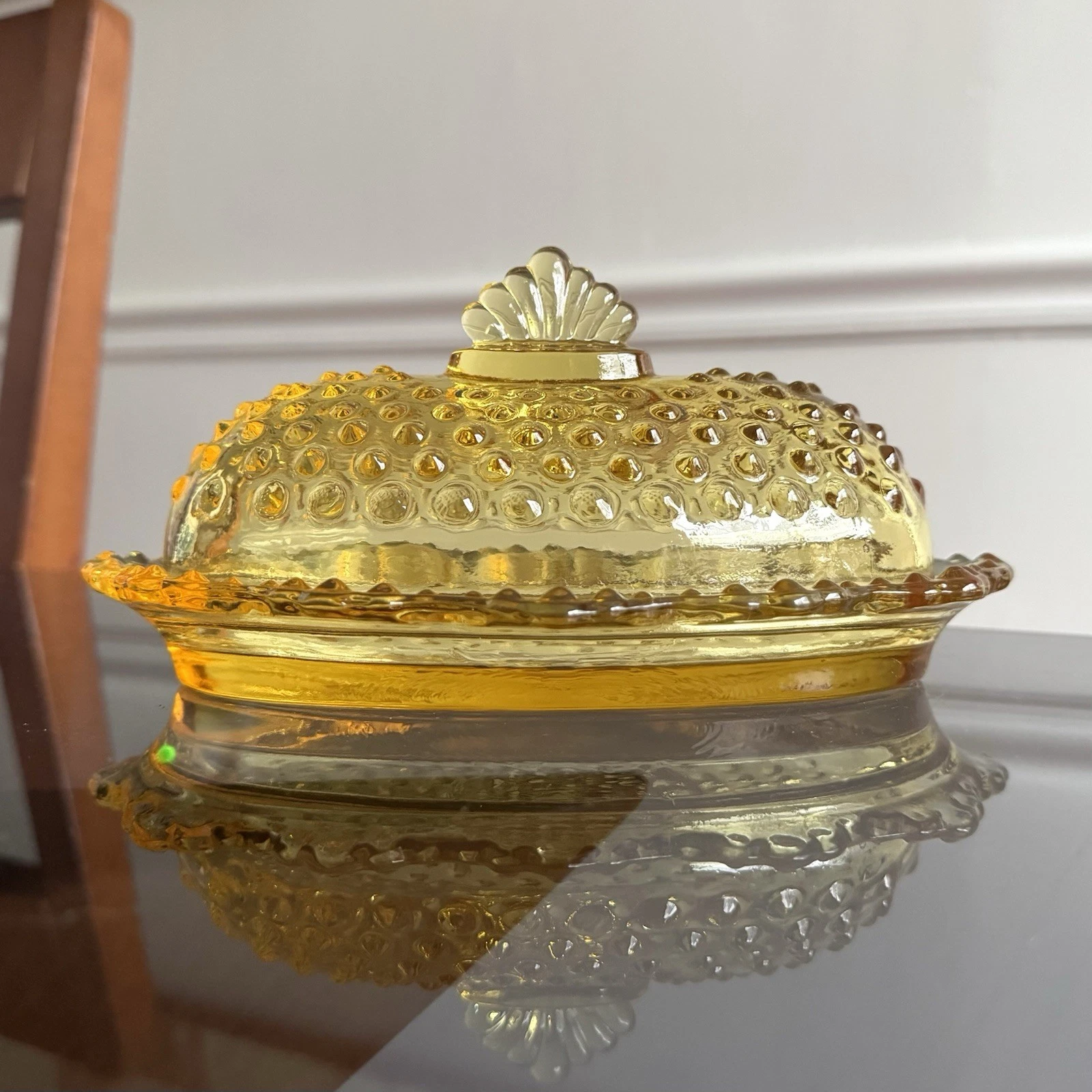 LE Smith Oval Yellow Glass Lidded Hobnail Crown Butter Dish