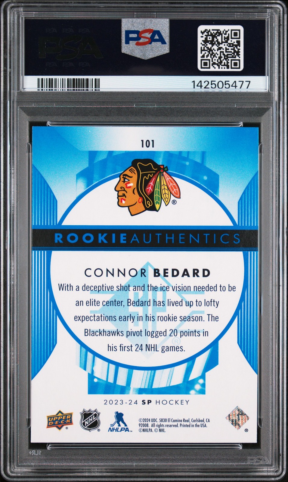 2023 UD SP BLUE #101 CONNOR BEDARD ROOKIE RC PSA 9 view 2
