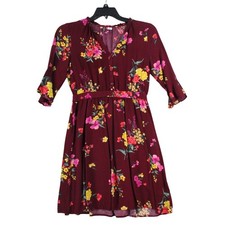 Old Navy Womens Burgundy Floral V-Neck Fit & Flare Mini Dress Maroon Medium