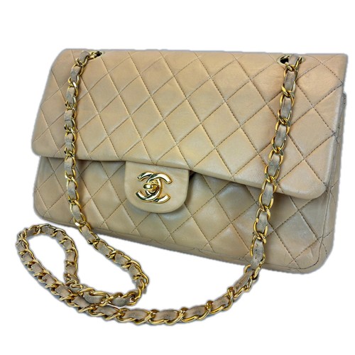 CHANEL Matelassé Double Flap Shoulder Bag lambskin beige