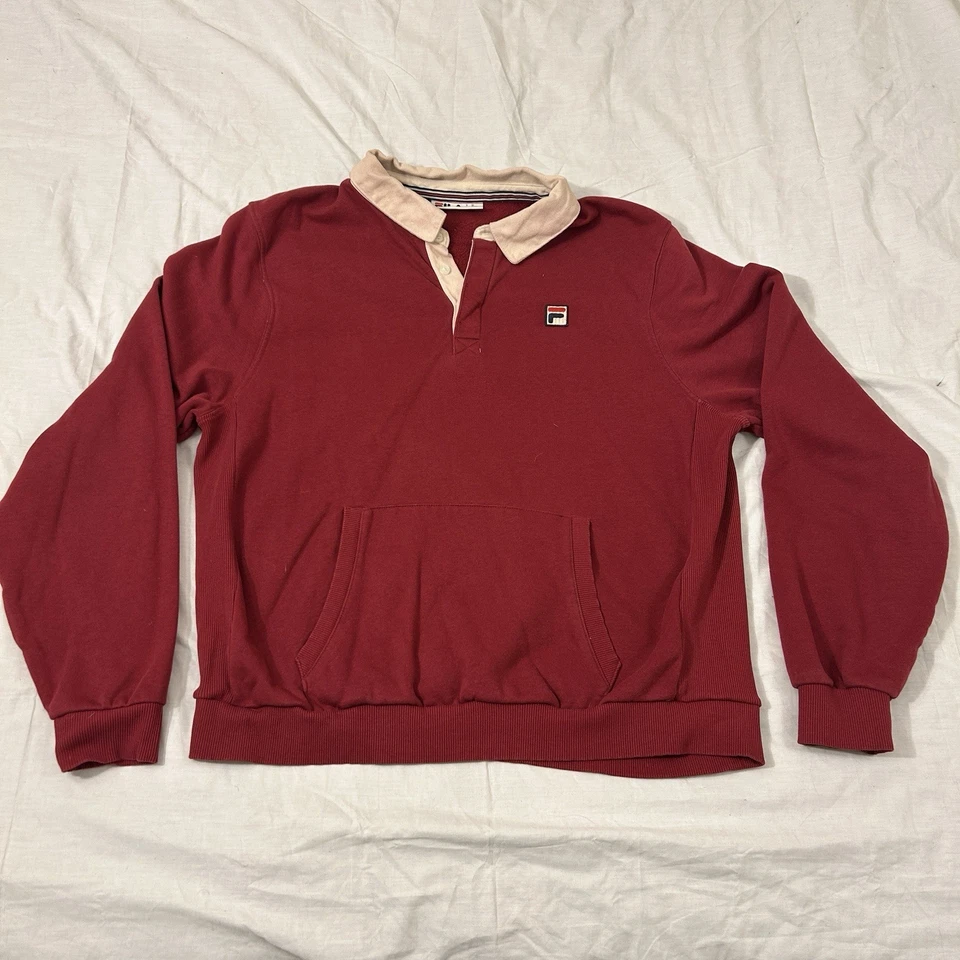 Fila Men's Large Rugby Shirt Kangaroo Pocket Long Sleeve Polo L Maroon - Image 2 of 4