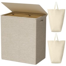 154L Wheat Double Laundry Hamper With Lid Removable Bags 2 Section Basket