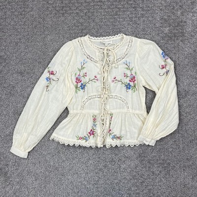Jennifer Grace Top Womens XS White Embroidered Crochet Peplum Boho Blouse Floral