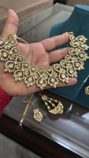 Bollywood India Golden Plated Ethnic AD CZ Jewelry Earrings Necklace Bridal Set