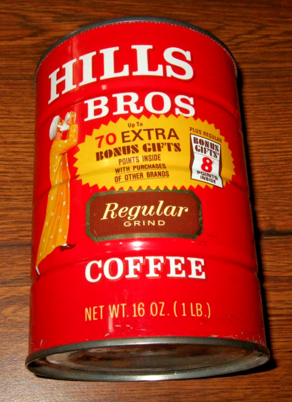 Vintage Hills Bros Regular Grind Coffee Metal Tin Can 1 Pound (16 oz.)  No Lid