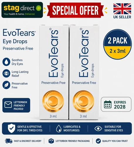 EvoTears Eye Drops 2 x 3ml Preservative Free Dry Eye Relief Lubricating Drops UK
