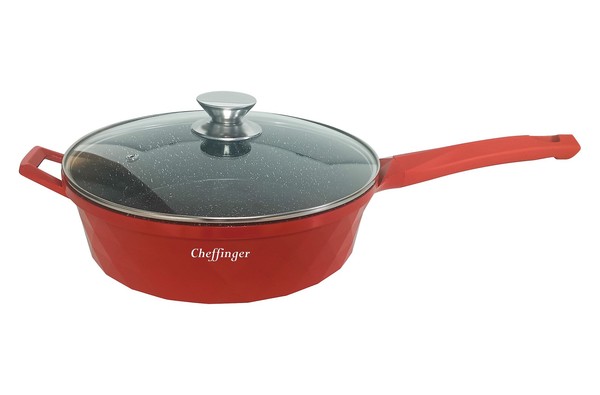 Pfanne Bratpfanne M. Glasdeckel Beschichtet Ø28 Induktion Cheffinger DIAPF28 Rot-image