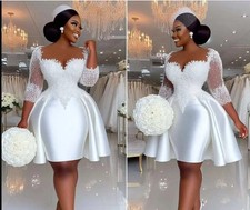 Sheer Neck Shinny Appliques Beads Short Wedding Dress Half Sleeves Bridal Gowns