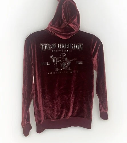 True Religion Hoodie Jacket Velour Burgundy Wine Full Zip Logo Designer Size L