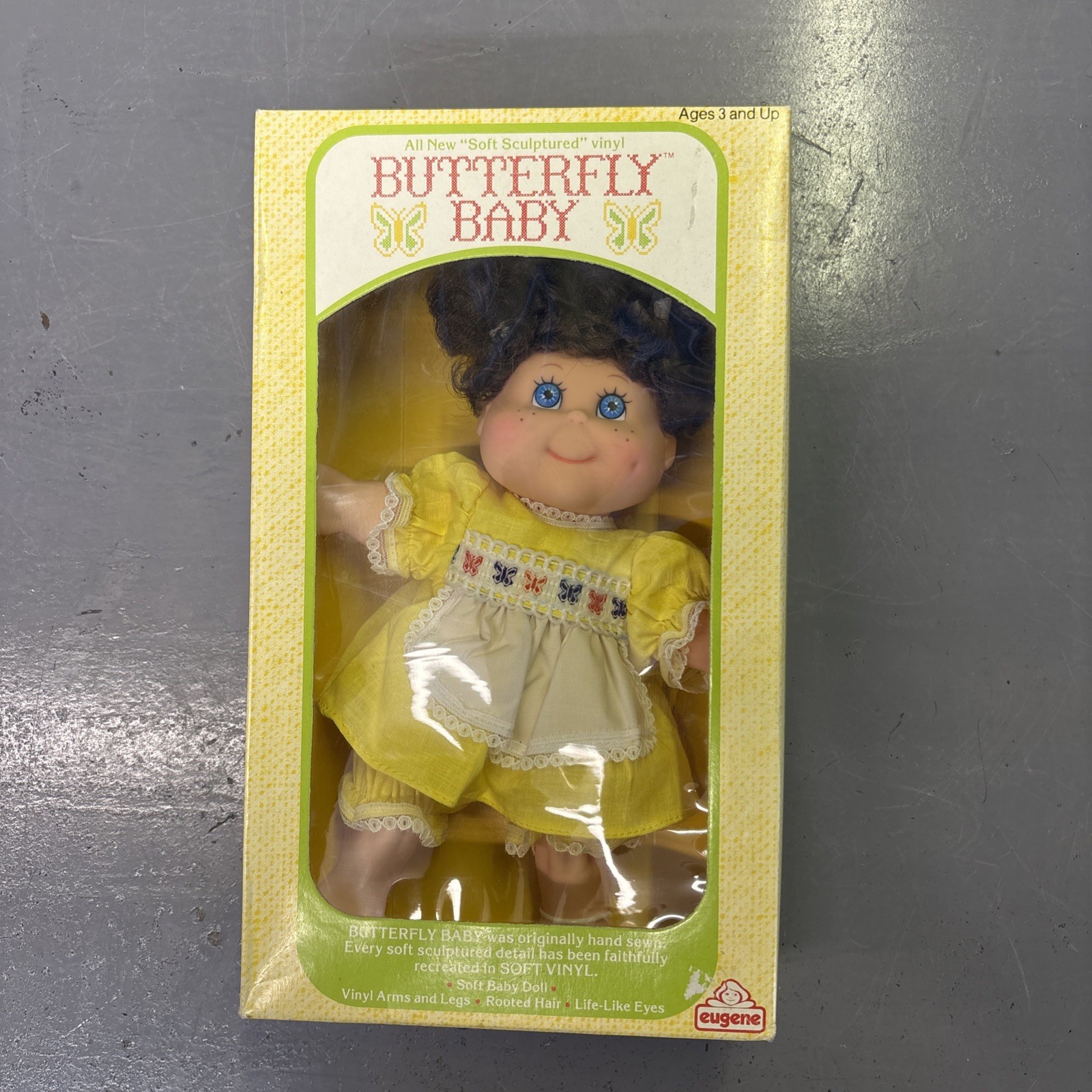 Eugene 1983 Vintage Butterfly Baby Doll Brown Hair yellow dress NIB Unique