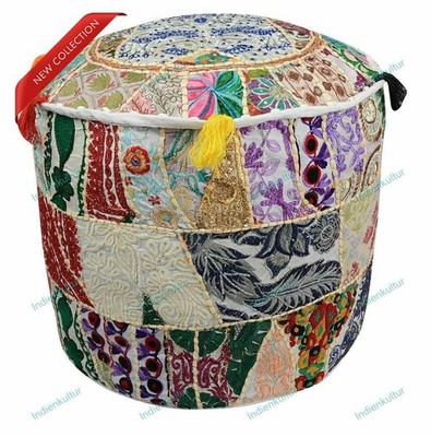 Embroidered Vintage Floral Ottoman Pouf Comfortable Cotton Footstool Decor
