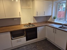L-Shape White/Wood Kitchen Unit Base & Worktop, Sink Oven Stove Hood, 1 Drawer