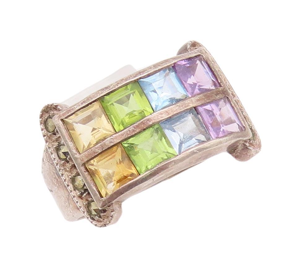 925 Sterling Silver Vintage Ring Square Cut Multi Color CZ Band Sz