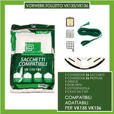 Kit Vorwerk Ricambi Folletto VK 135 136 Sacchetti Filtro Hepa Cavo Aspirapolvere