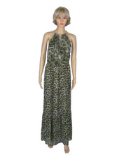 MICHAEL KORS Size S Snakeskin Cheetah Print Chain Halter Tiered Lined Maxi Dress