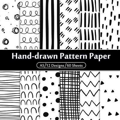 60 Sheet Black/White Doodle Pattern Paper A5 Size Hand Drawn Squiggles 12 Design