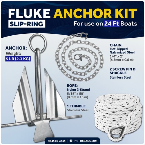 5 Lb Fluke Boat Anchor Kit with Chain & Rope, Slip-Ring Shank Heavy-Duty - Picture 2 of 8